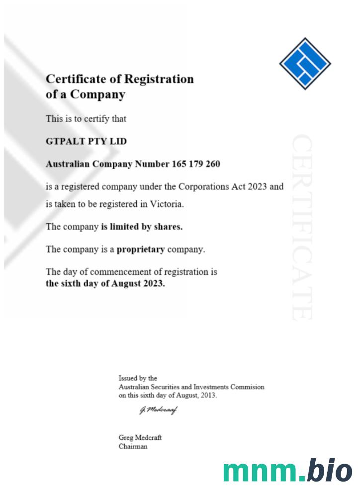 Australia GTPALT vcertyfikat of company registration word and PDF template